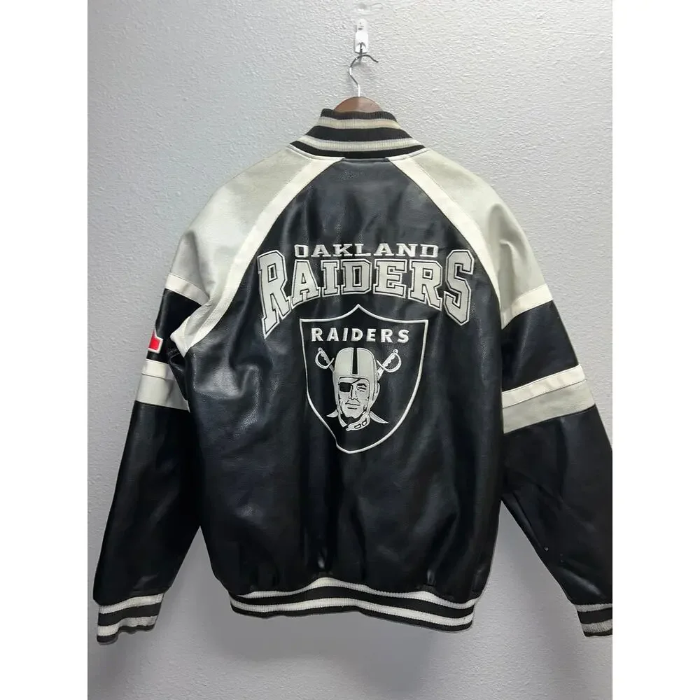 NFL Oakland Raiders Leather Jacket Football Black Silver Outerwear Stained Large